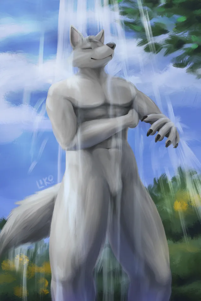 Dexter showering in the woods