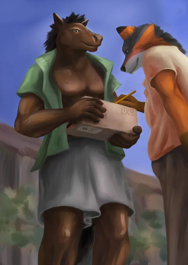 horse cariour delivering a package to Liko