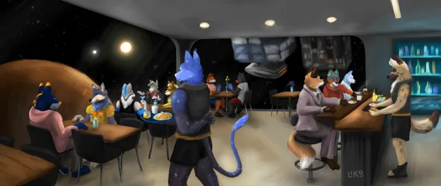 A clean modern bar on a space station where Liko's Twich viewers gather for a wonderful time