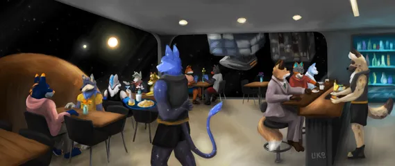 A clean modern bar on a space station where Liko's Twich viewers gather for a wonderful time