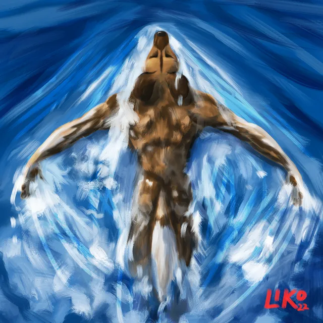 An anthro african wild dog swimming