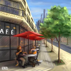 Liko sitting with a friend enjoying the afternoon at a cafe in Anthropolis